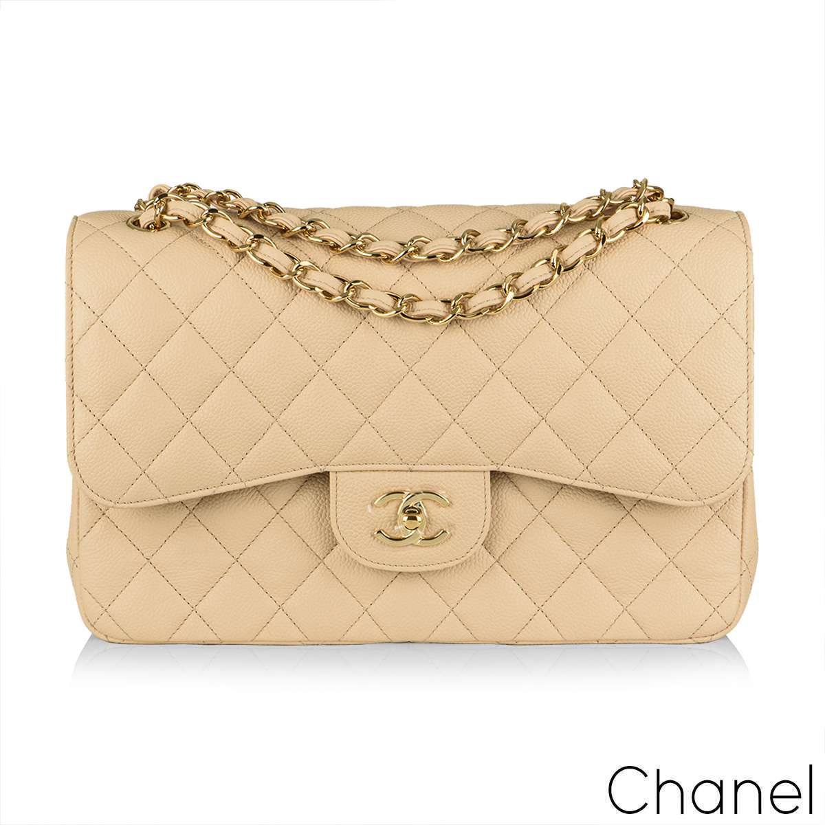 Chanel Beige Caviar Jumbo Classic Double Flap Bag | Rich Diamonds
